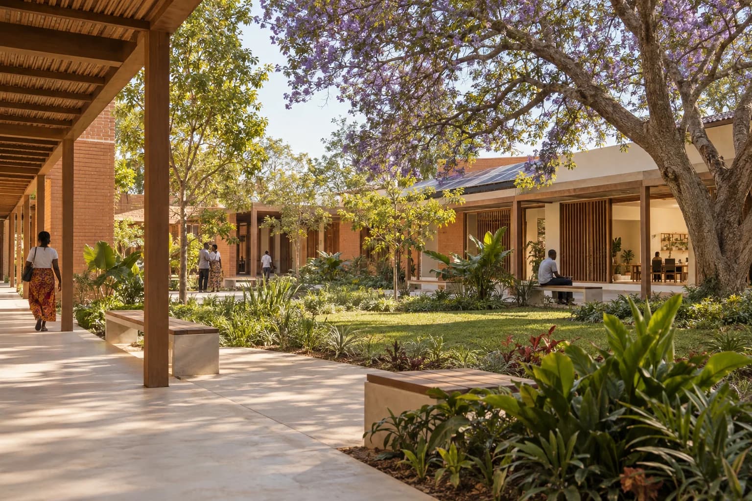 Conceito arquitetónico IA: pavilhões de aprendizagem num pátio verde, não um Campus existente.