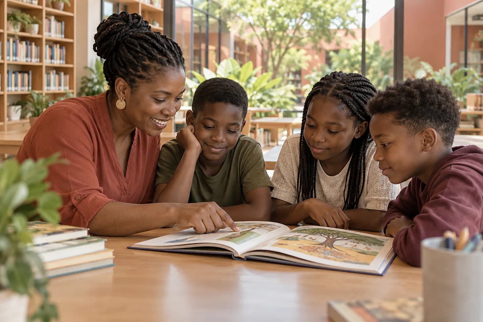 AI illustration: a teacher and children reading together in a library.