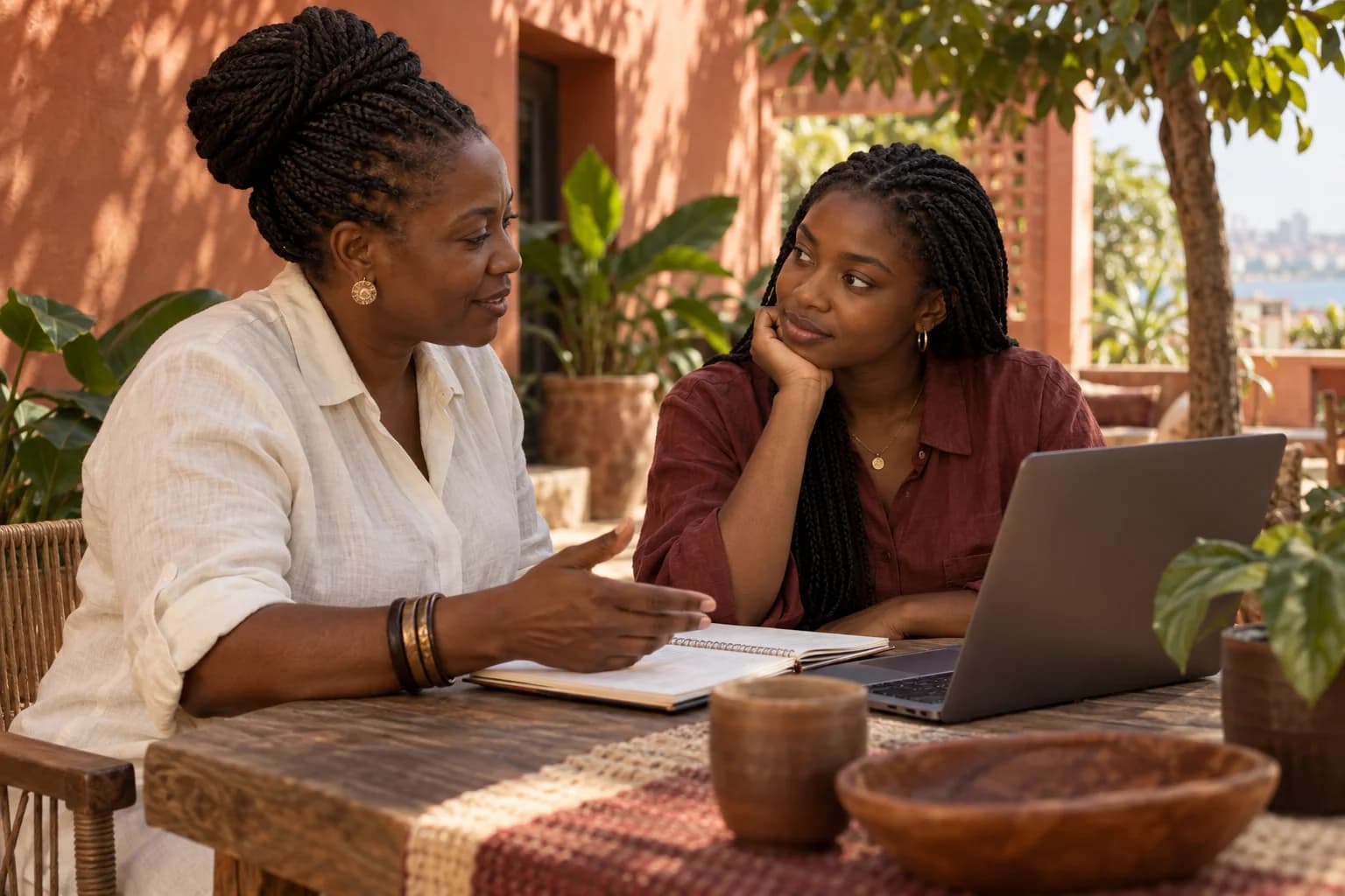 AI illustration: two women exchanging ideas during a mentoring conversation.
