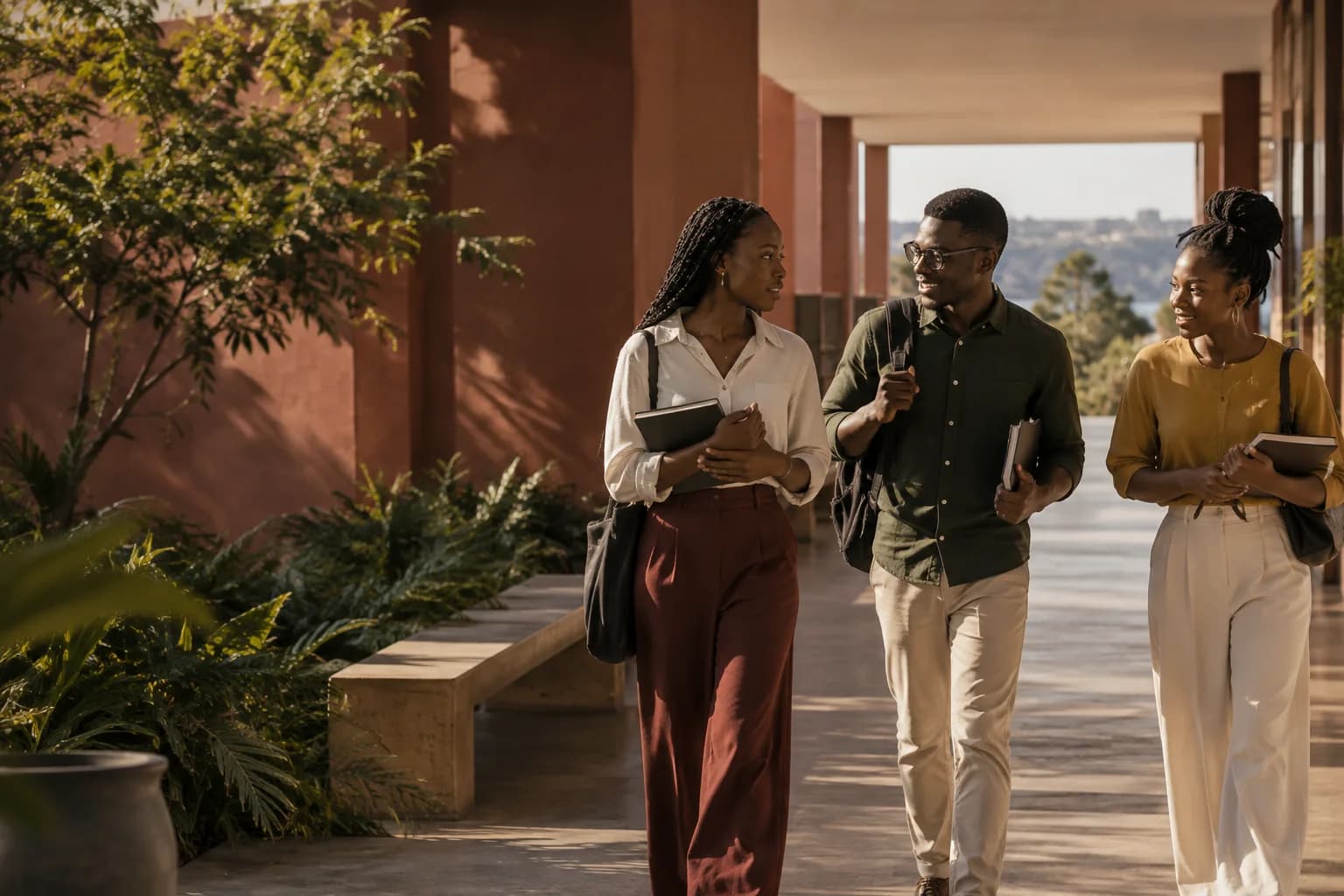 AI illustration: young adults walking together at a learning centre.