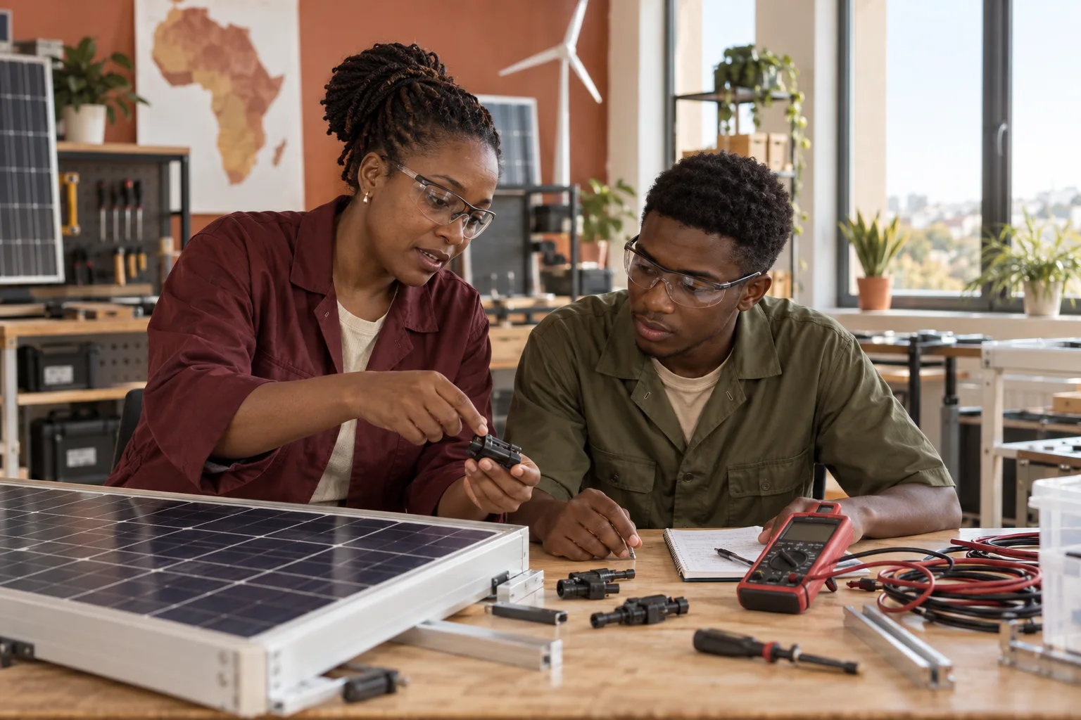 AI illustration: an instructor and an adult learner exploring solar technology.