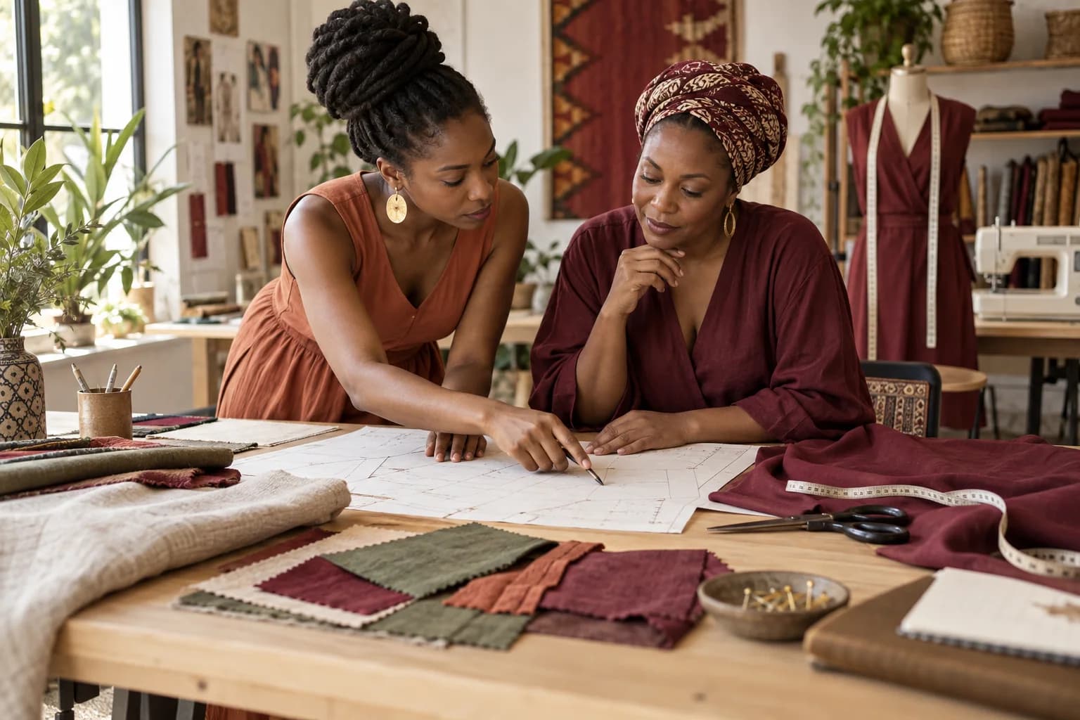 AI illustration: two women developing a garment pattern in a creative workshop.